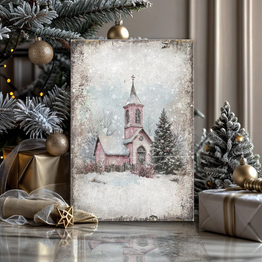 Vintage Church Christmas canvas wall art, snow-dusted church illustration holiday decor