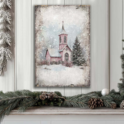 Pink Church in Snow Vintage Christmas canvas shown in a styled room setting, view 4