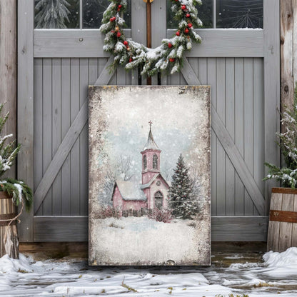Pink Church in Snow Vintage Christmas canvas leaning on gray barn doors under a Christmas wreath, outdoor view 3