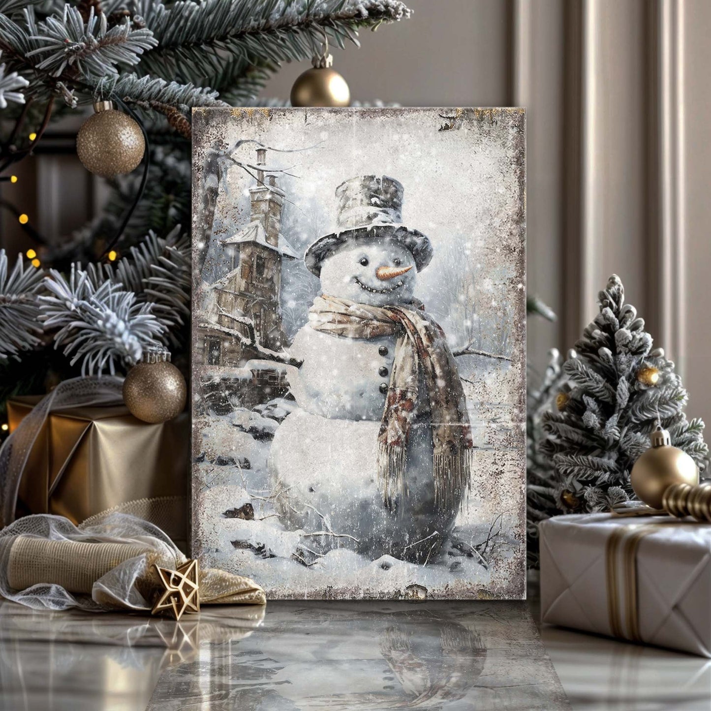 Vintage Snowman Christmas Canvas Wall Art II