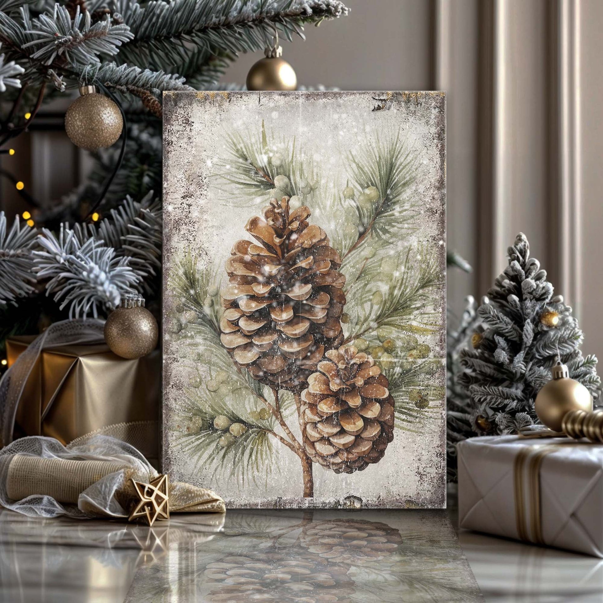 Vintage winter pine cone canvas wall art II, detailed botanical print on gallery-wrapped canvas