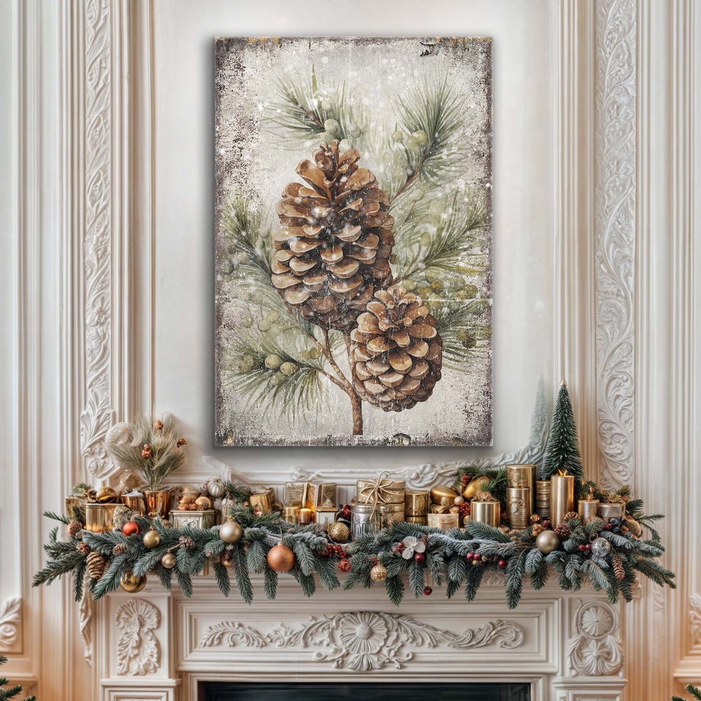 Vintage Winter Pine Cone Canvas Wall Art II