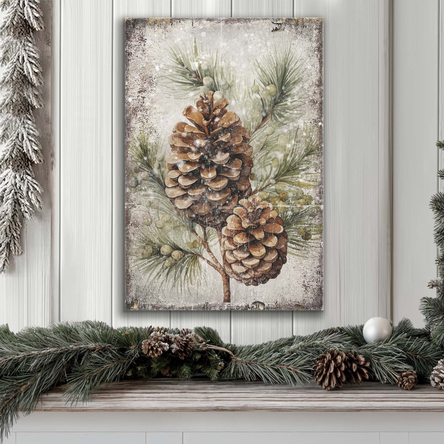 Vintage Winter Pine Cone Canvas Wall Art II