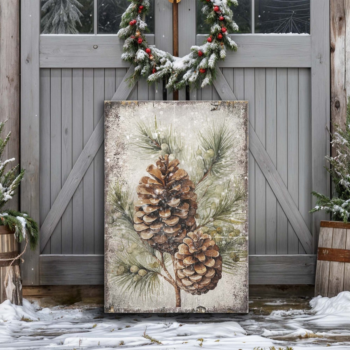 Vintage Winter Pine Cone Canvas Wall Art II