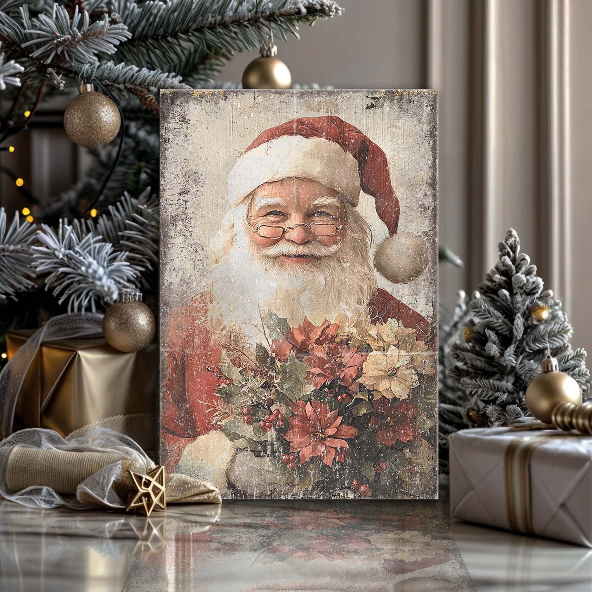 Vintage Christmas Santa Claus canvas wall art, classic illustrated Santa portrait holiday decor
