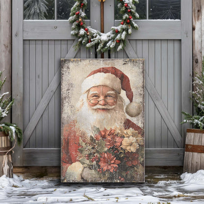 Smiling Santa With Poinsettias canvas leaning against a gray barn door with a wreath on a snowy porch