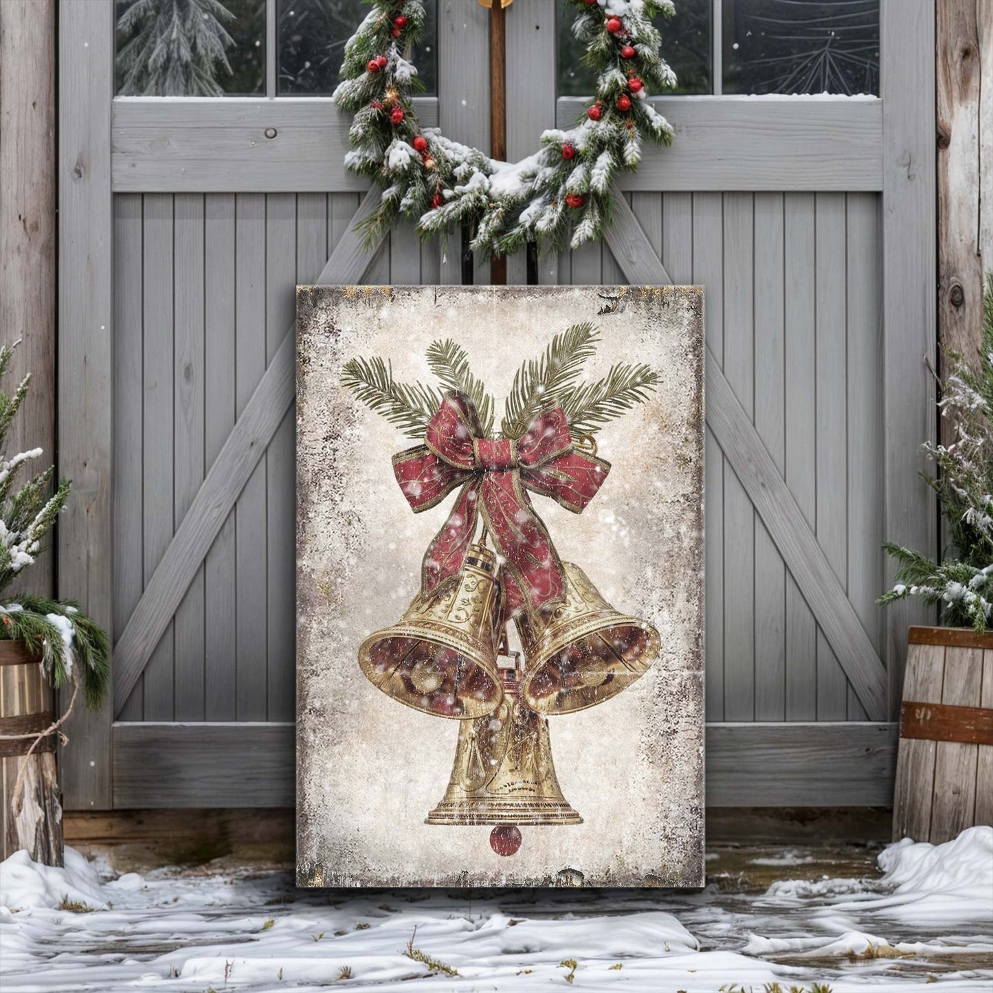 Vintage Christmas Bells canvas wall art, illustrated golden bells with holly holiday decor