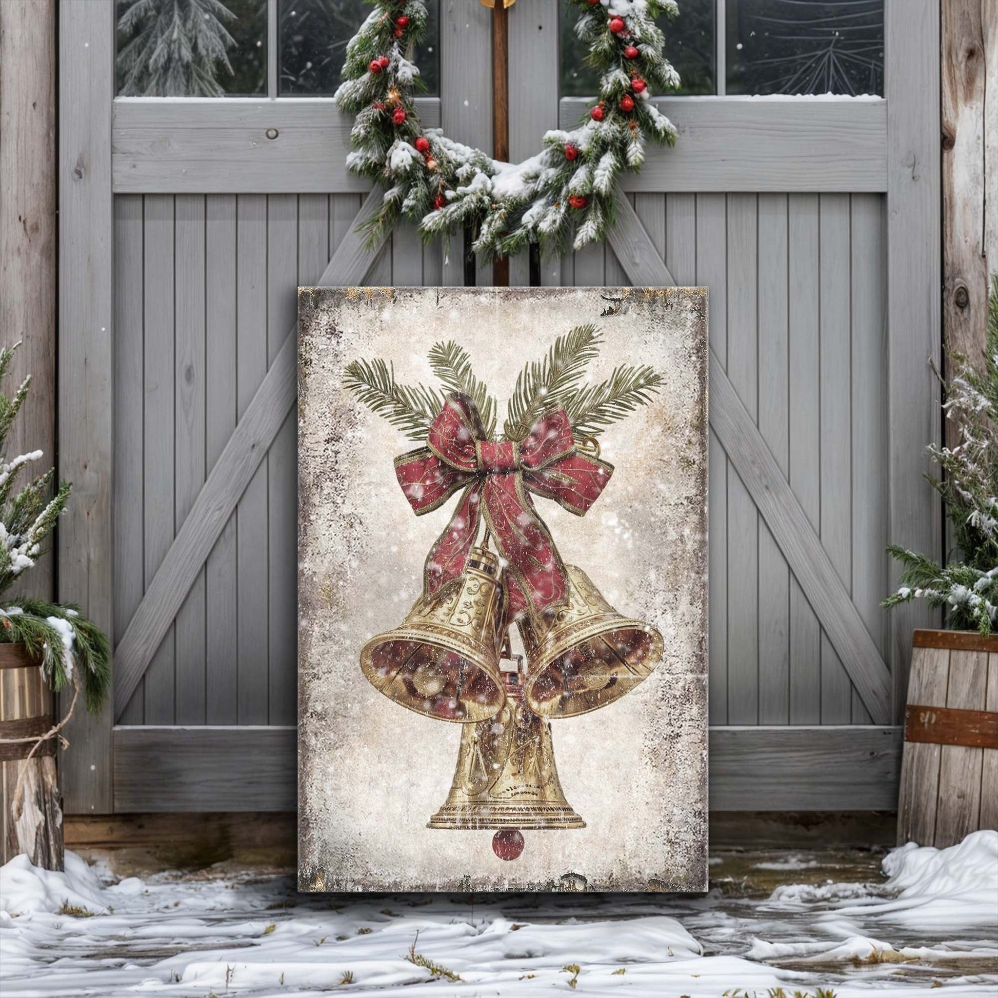 Vintage Christmas Bells canvas wall art, illustrated golden bells with holly holiday decor