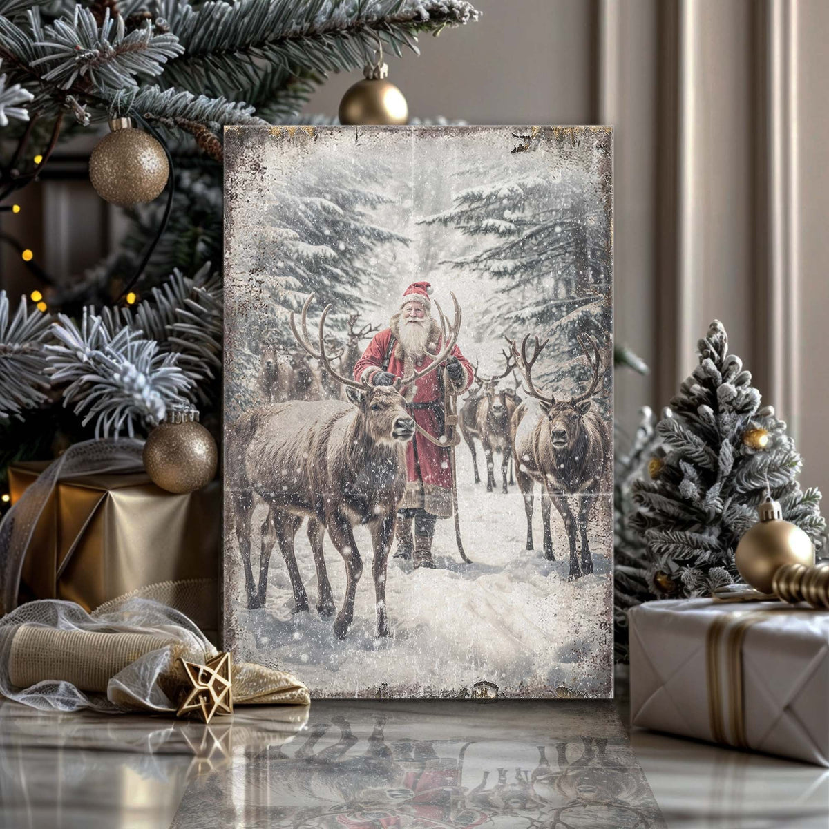Santa with His Reindeer in Snowy Woods canvas shown in a styled room setting, view 3