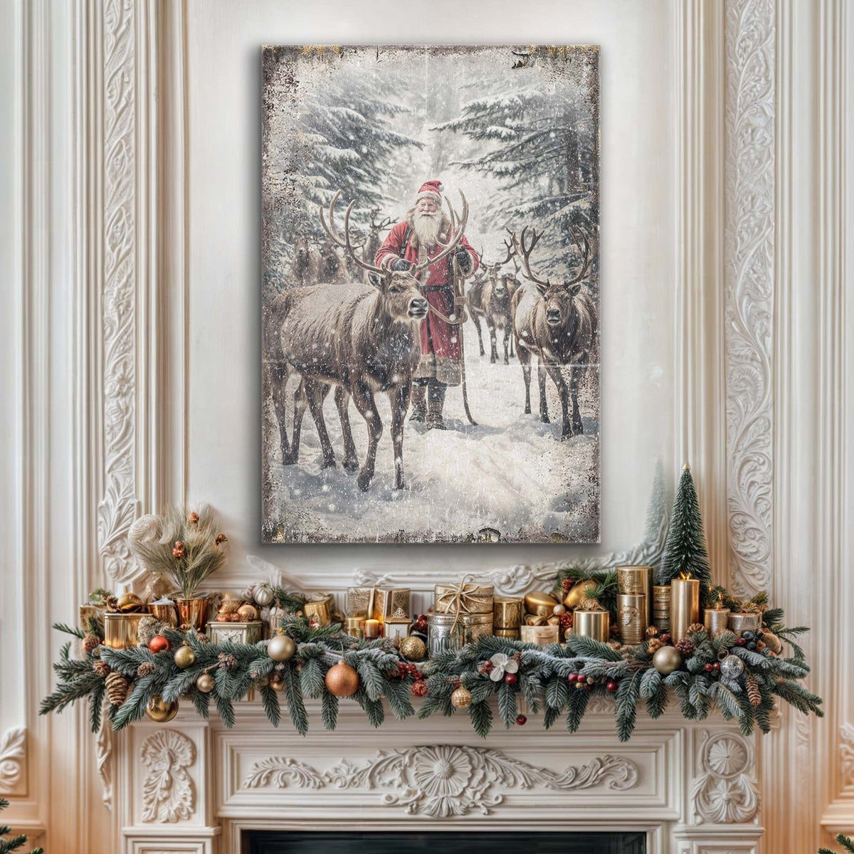 Santa with His Reindeer in Snowy Woods canvas shown in a styled room setting, view 2