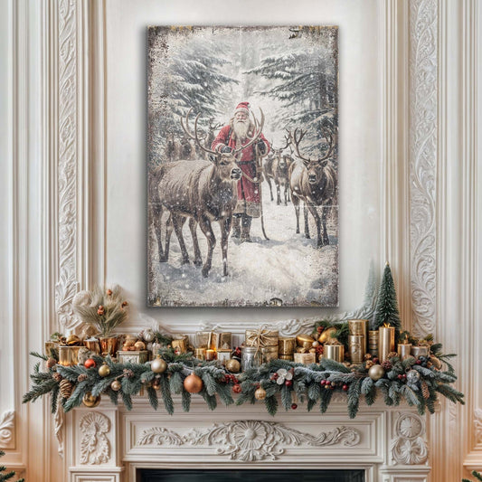 Santa with His Reindeer in Snowy Woods canvas shown in a styled room setting, view 2