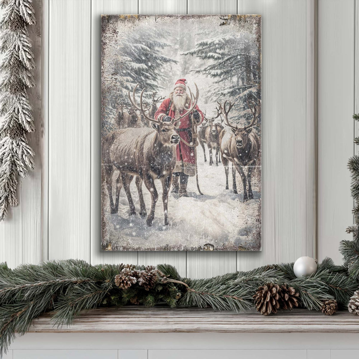 Santa with His Reindeer in Snowy Woods canvas shown in a styled room setting, view 4
