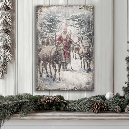 Santa with His Reindeer in Snowy Woods canvas shown in a styled room setting, view 4