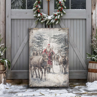 Canvas of Santa in a red coat standing with reindeer in snowy woods, leaning on gray barn doors