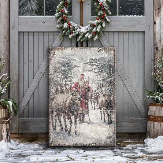 Canvas of Santa in a red coat standing with reindeer in snowy woods, leaning on gray barn doors
