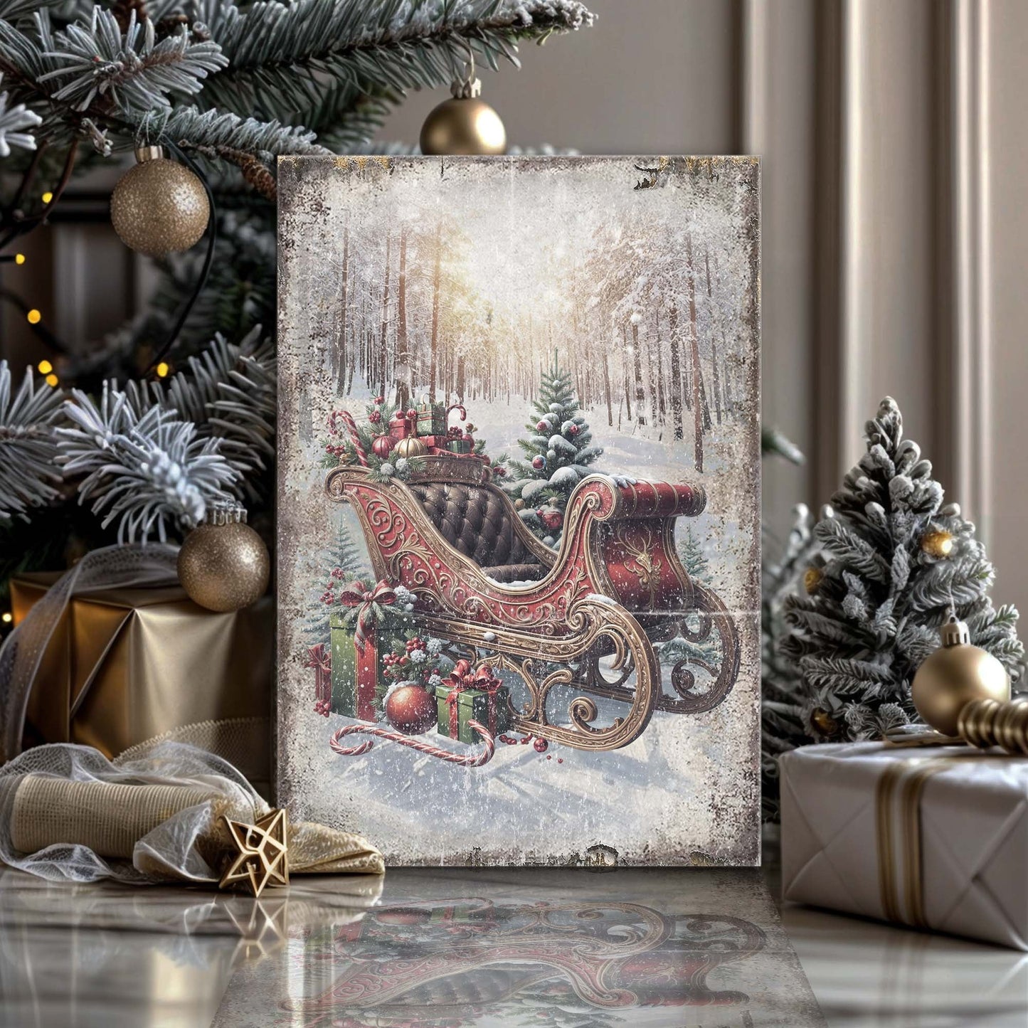 Vintage Christmas Sleigh Sled Canvas Wall Art