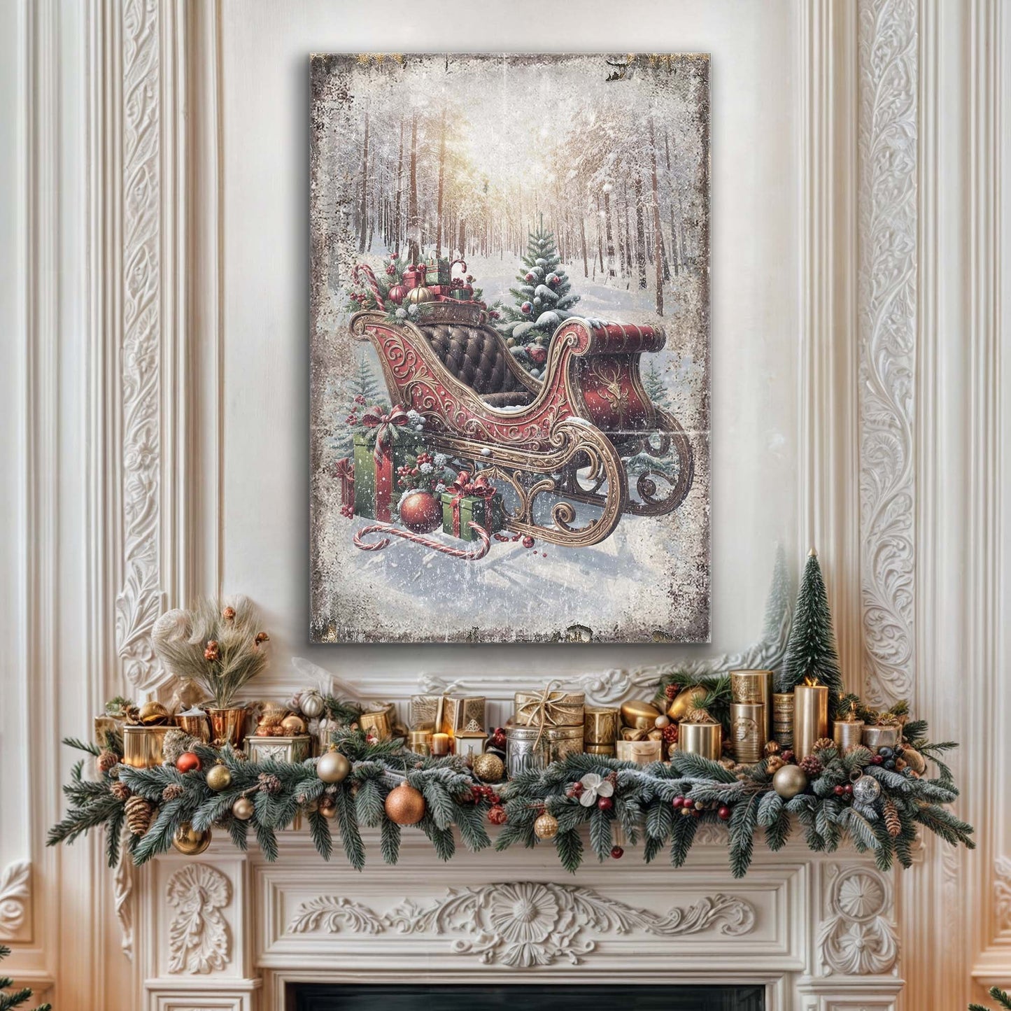 Vintage Christmas Sleigh Sled Canvas Wall Art