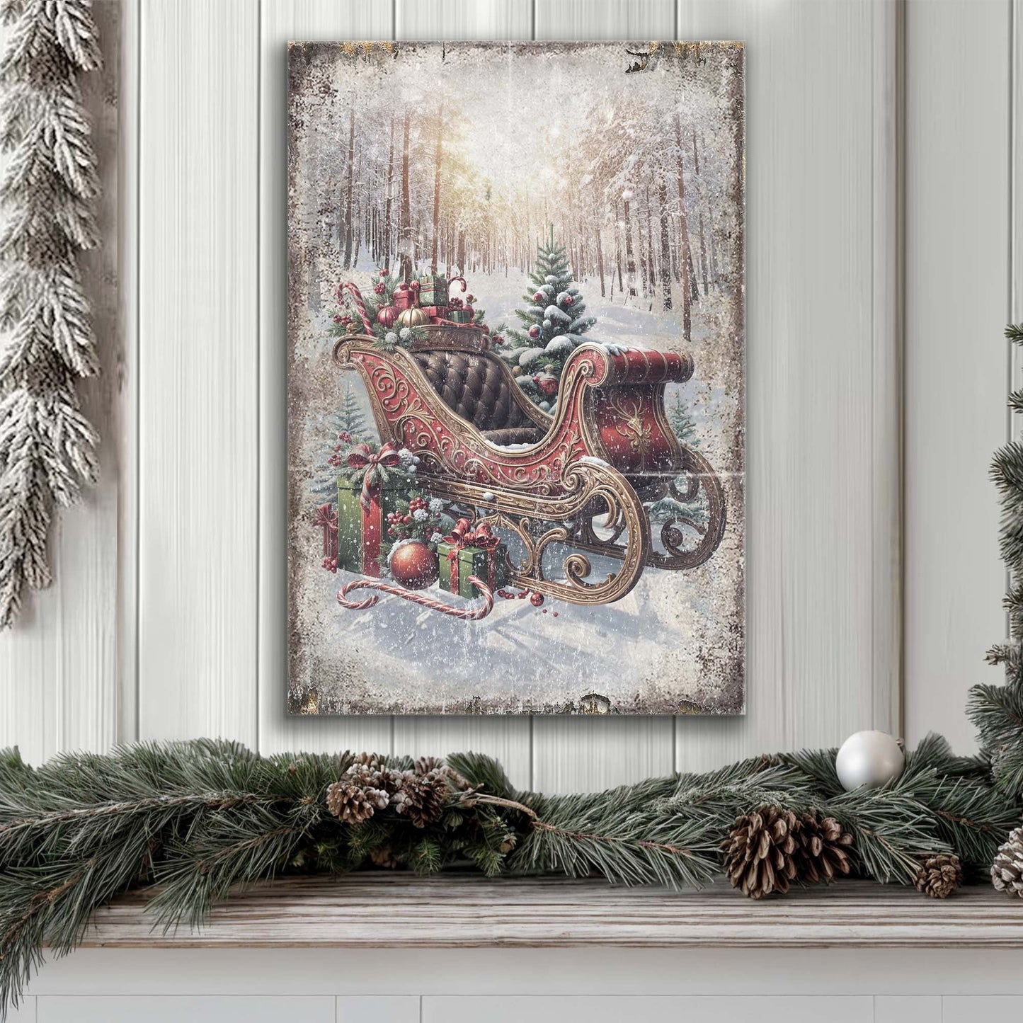 Vintage Christmas Sleigh Sled Canvas Wall Art