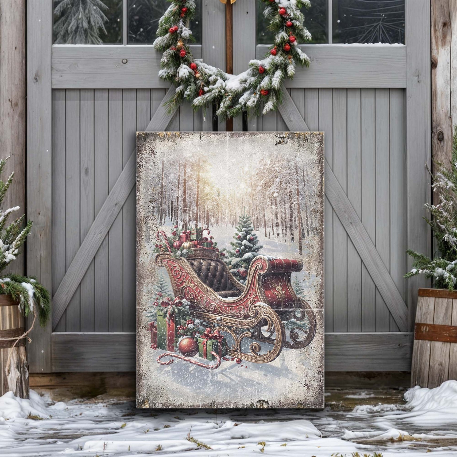 Vintage Christmas Sleigh Sled canvas wall art, horse-drawn sleigh in snowy landscape