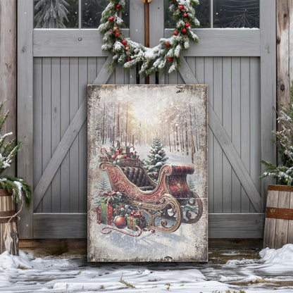 Vintage Christmas Sleigh Sled canvas wall art, horse-drawn sleigh in snowy landscape