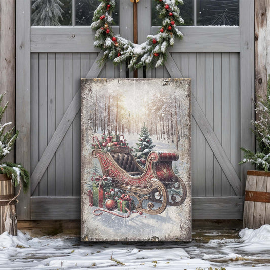 Vintage Christmas Sleigh Sled canvas wall art, horse-drawn sleigh in snowy landscape