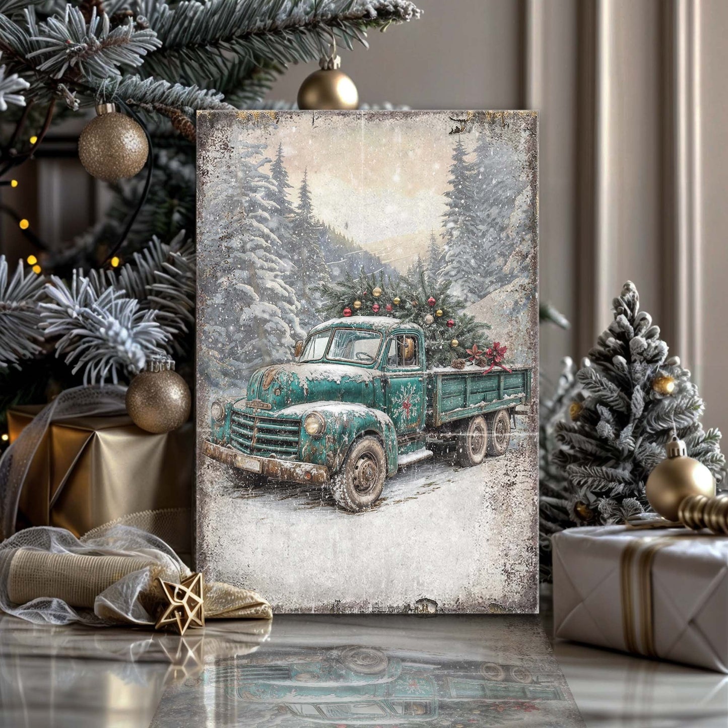Vintage Truck With Christmas Tree Canvas Wall Art