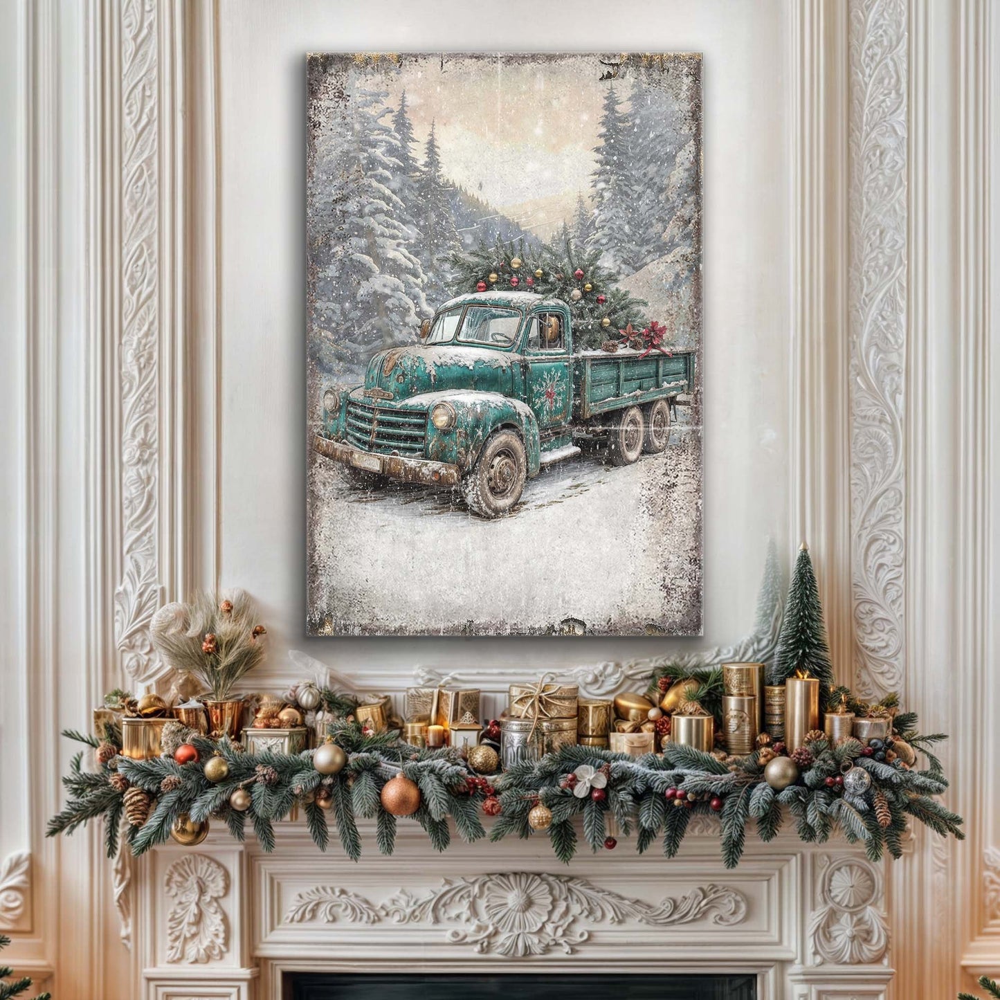 Vintage Truck With Christmas Tree Canvas Wall Art