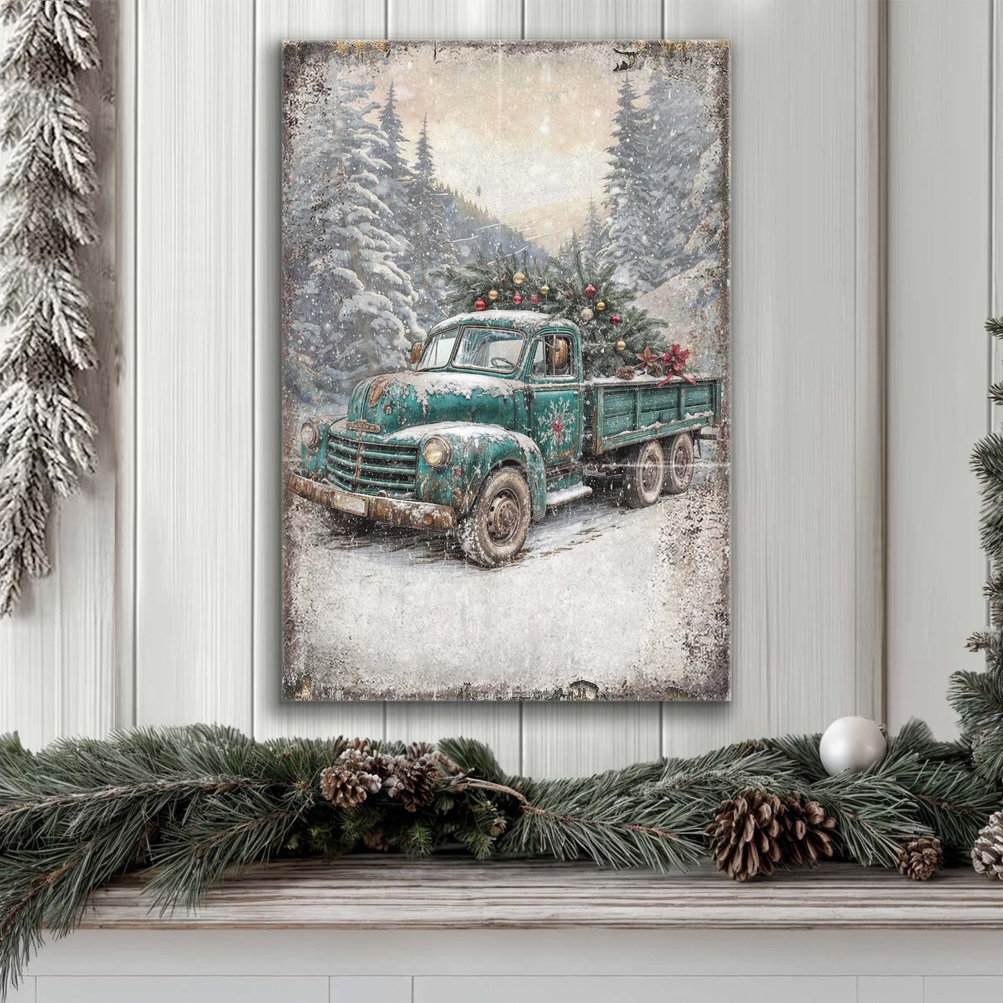 Vintage Truck With Christmas Tree Canvas Wall Art