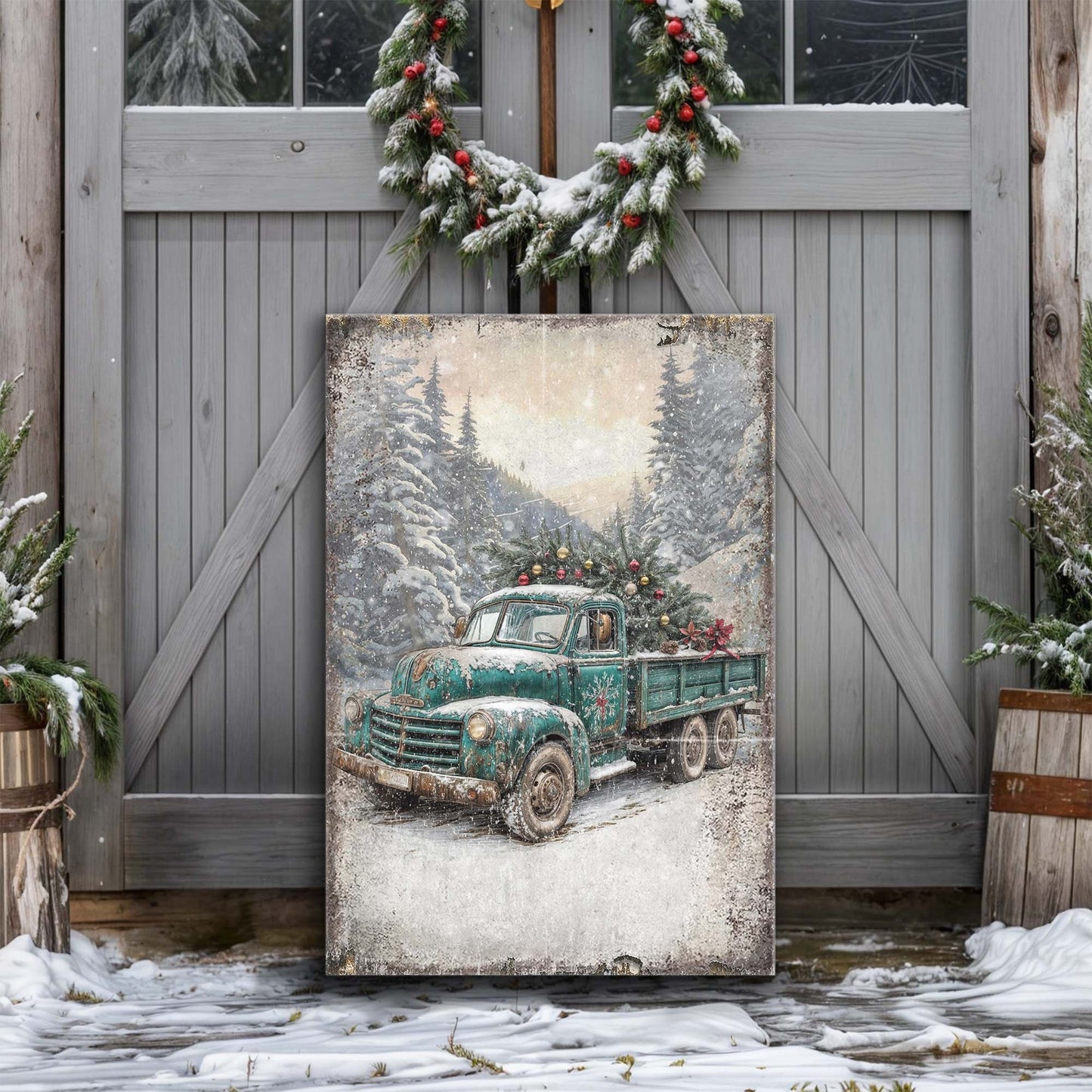 Vintage Truck With Christmas Tree Canvas Wall Art