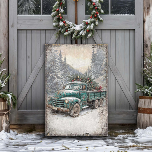 Vintage Truck With Christmas Tree Canvas Wall Art