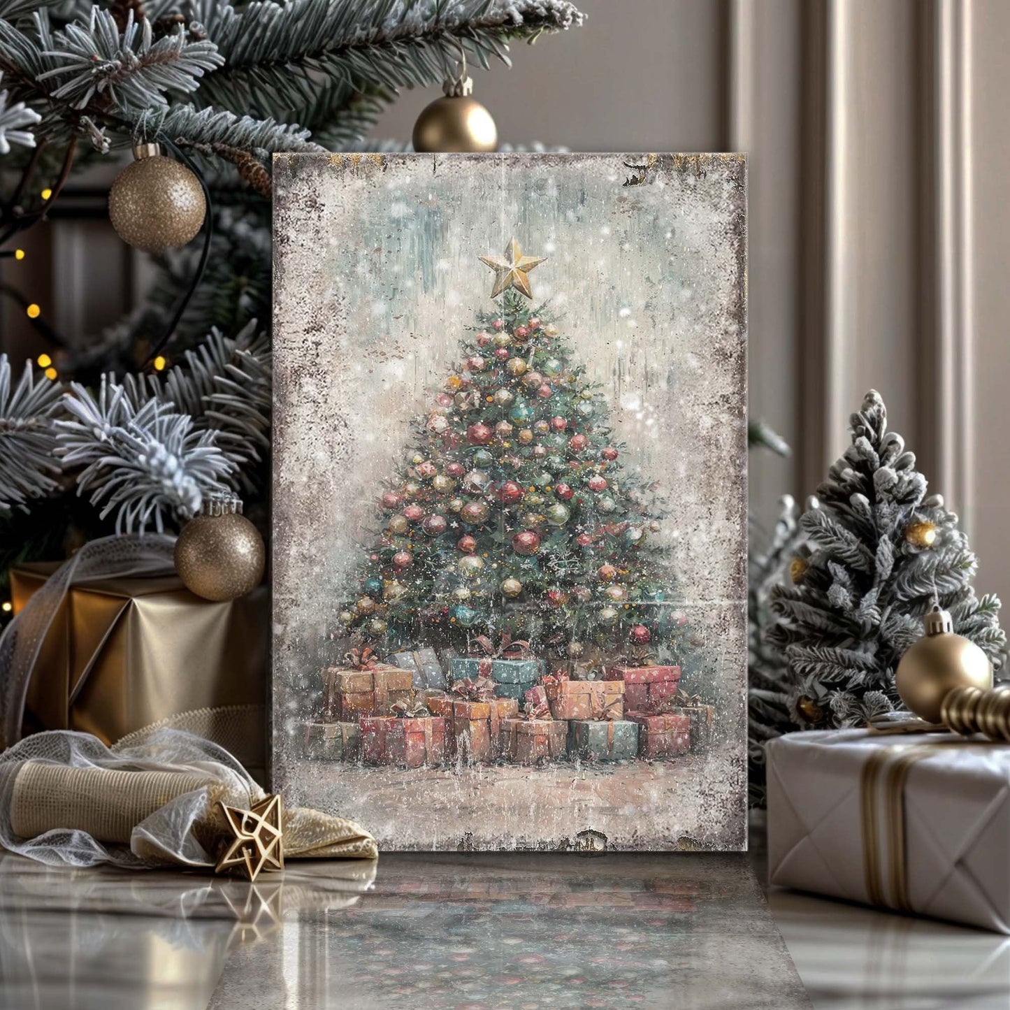Vintage Christmas Tree With Gifts Canvas Wall Art