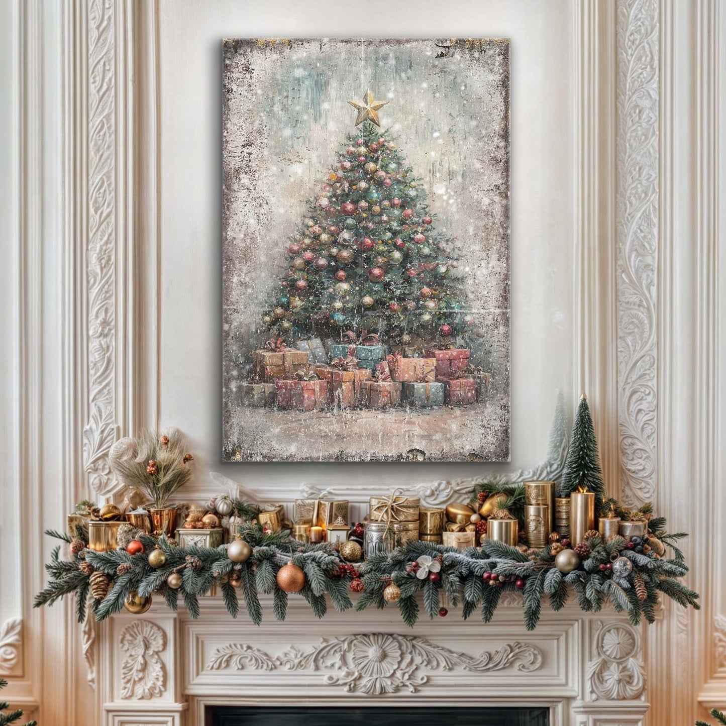 Vintage Christmas Tree With Gifts Canvas Wall Art