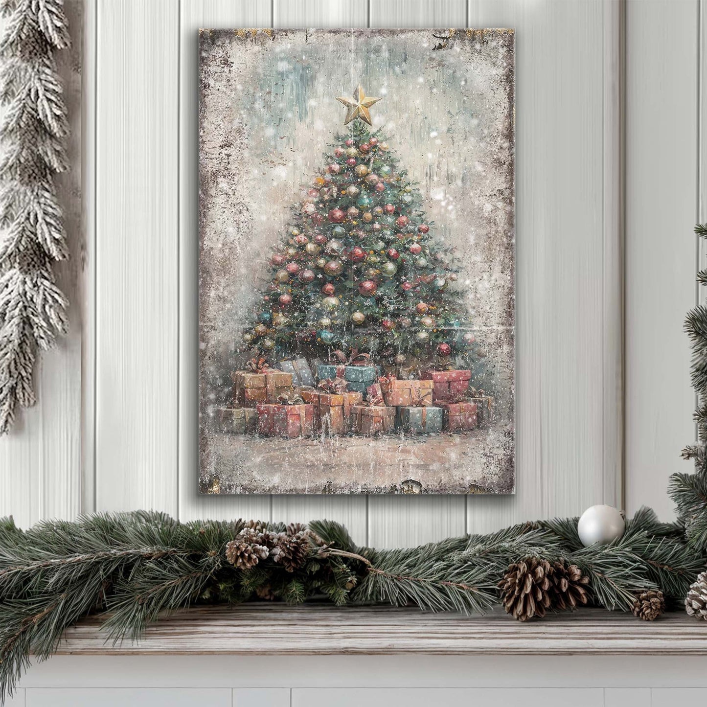 Vintage Christmas Tree With Gifts Canvas Wall Art
