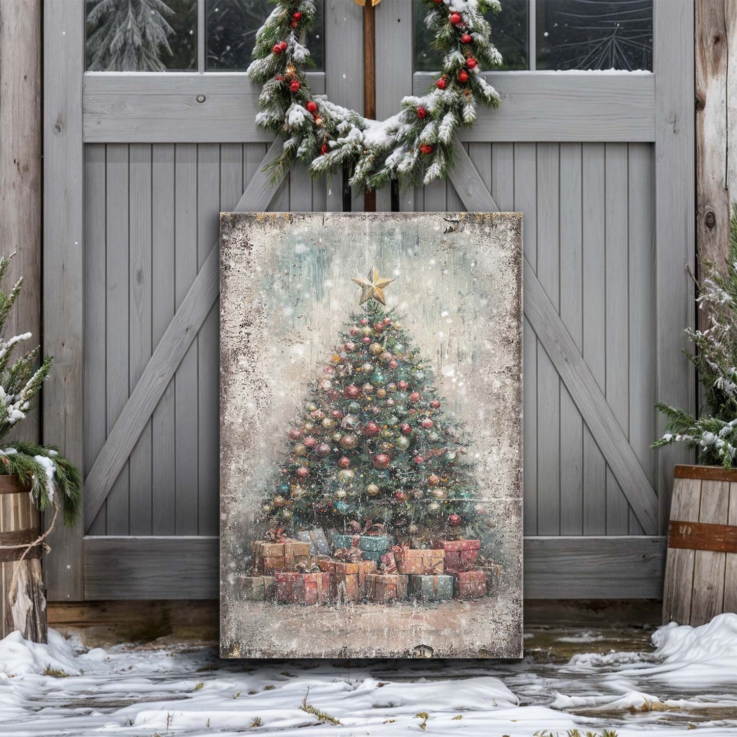Vintage Christmas Tree With Gifts canvas wall art, illustrated tree surrounded by wrapped presents