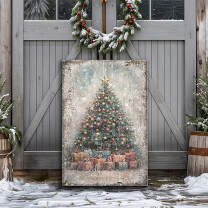 Vintage Christmas Tree With Gifts canvas wall art, illustrated tree surrounded by wrapped presents