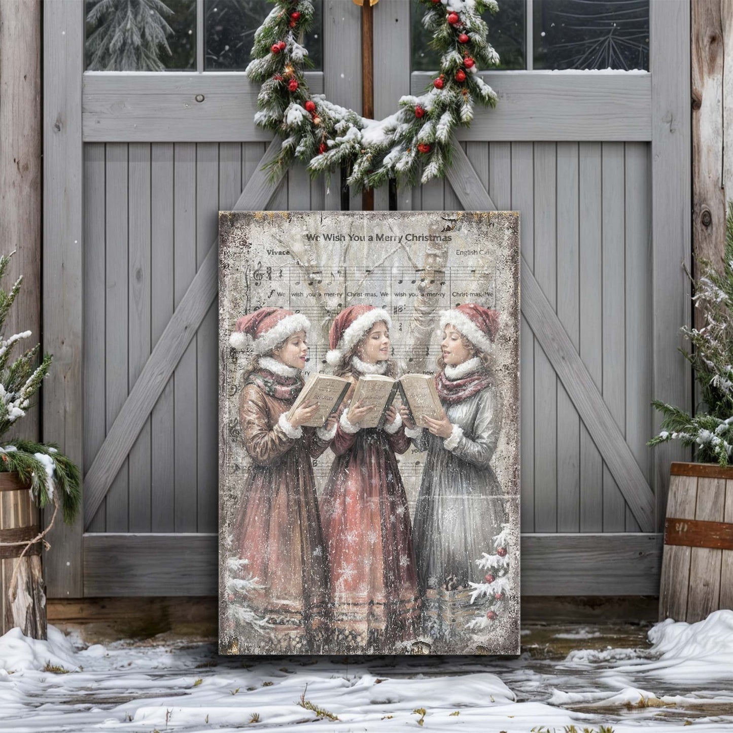 Vintage Christmas Carolers canvas wall art, illustrated singers in winter dress holiday scene