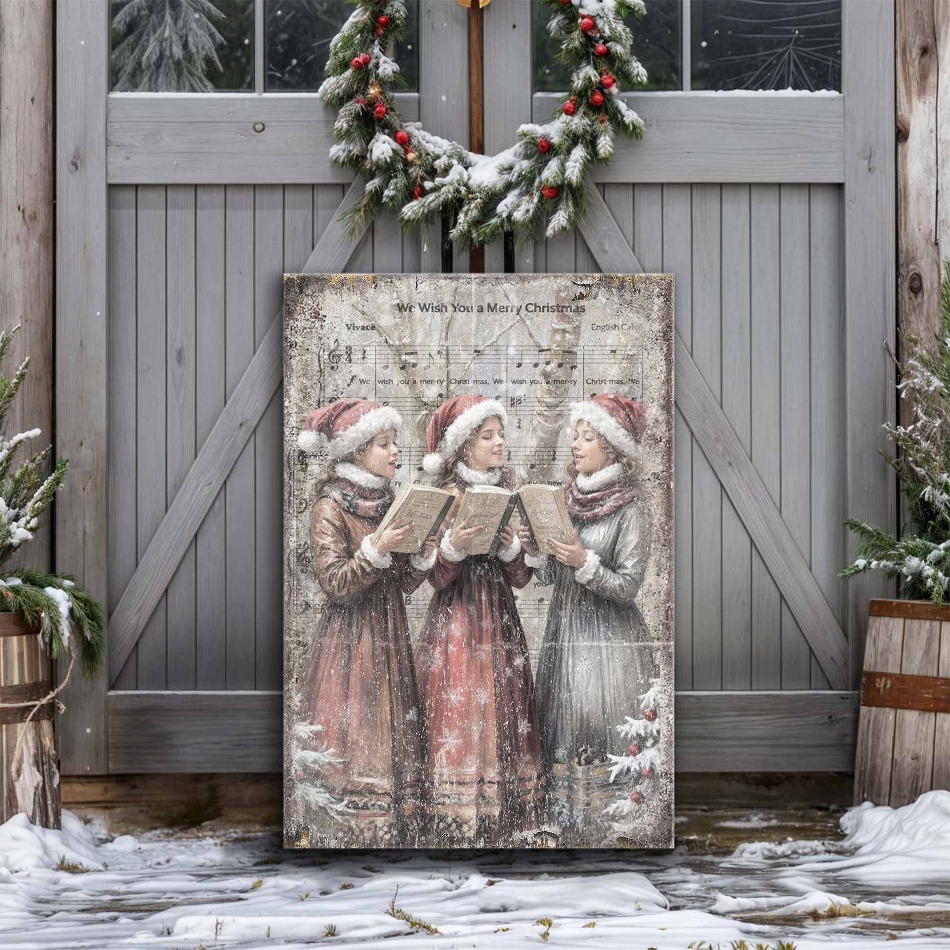 Vintage Christmas Carolers canvas wall art, illustrated singers in winter dress holiday scene