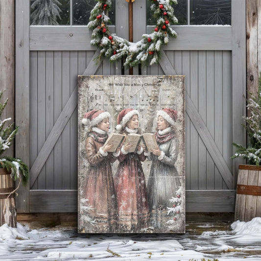 Vintage Christmas Carolers canvas wall art, illustrated singers in winter dress holiday scene