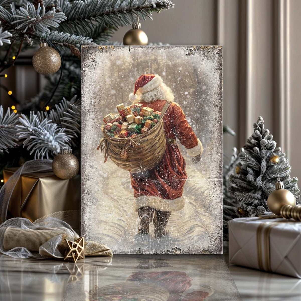 Canvas of Santa Claus from behind with a wicker basket of wrapped gifts on his back, leaning beside a Christmas tree