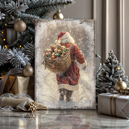 Canvas of Santa Claus from behind with a wicker basket of wrapped gifts on his back, leaning beside a Christmas tree