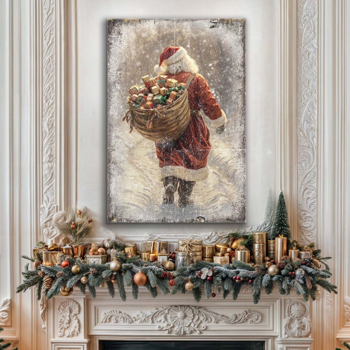 Santa With Basket of Gifts canvas shown in a styled room setting, view 3