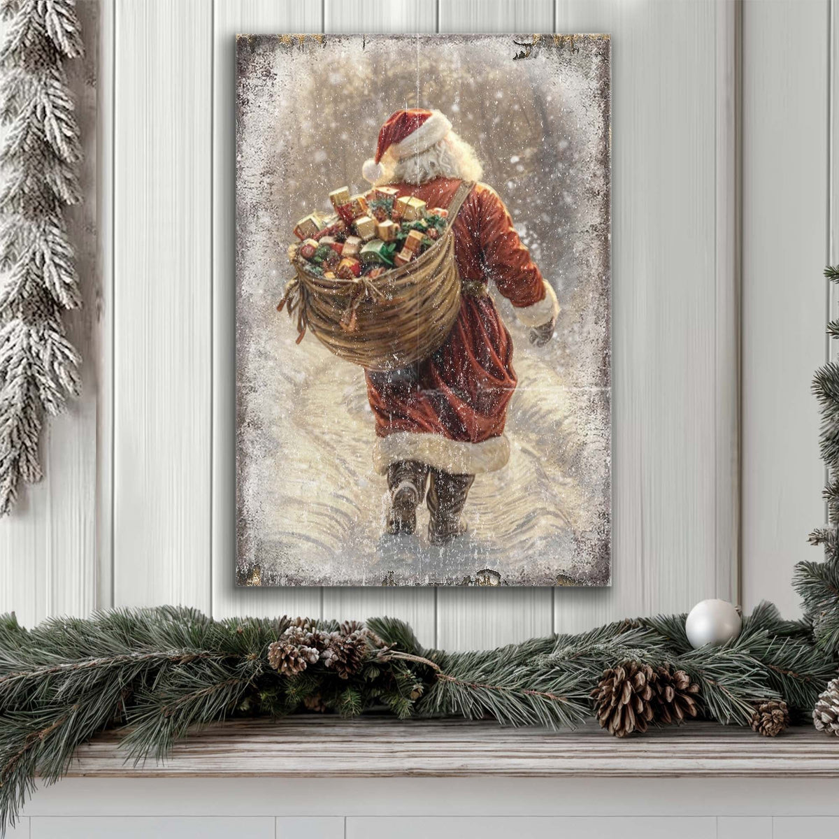 Santa With Basket of Gifts canvas shown in a styled room setting, view 4