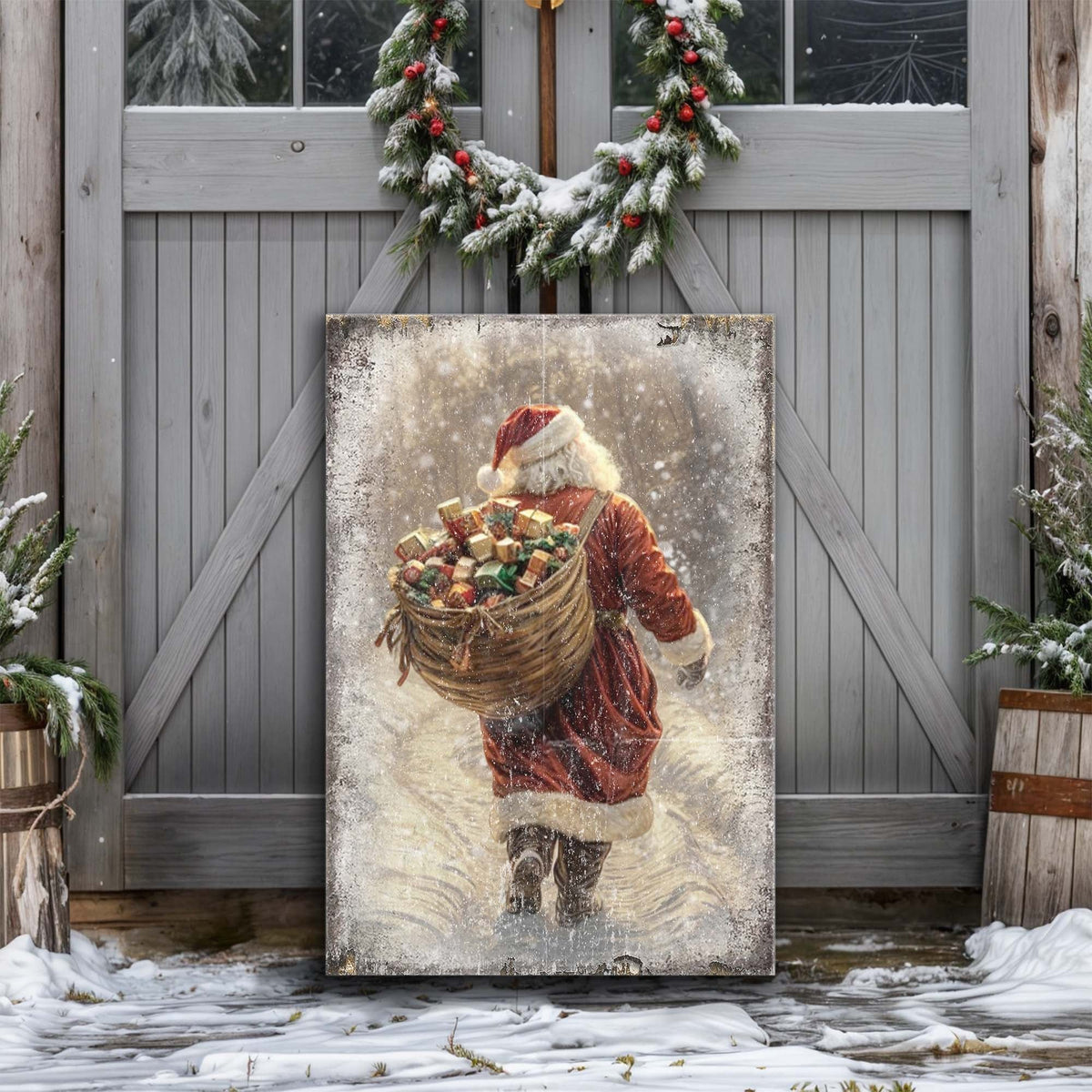 Santa With Basket of Gifts canvas leaning against a gray barn door with a wreath on a snowy porch