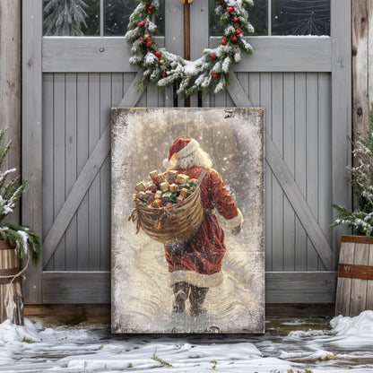 Santa With Basket of Gifts canvas leaning against a gray barn door with a wreath on a snowy porch