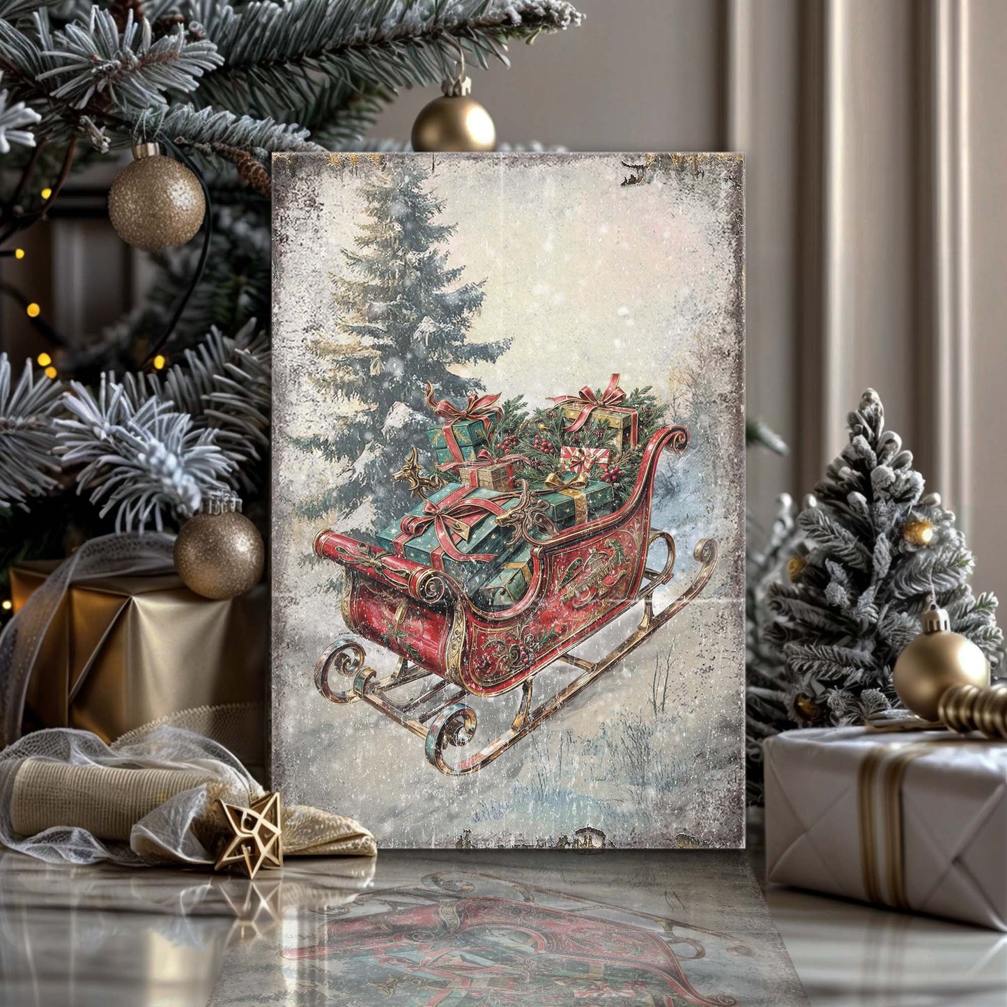 Vintage Christmas Sleigh Sled Canvas Wall Art