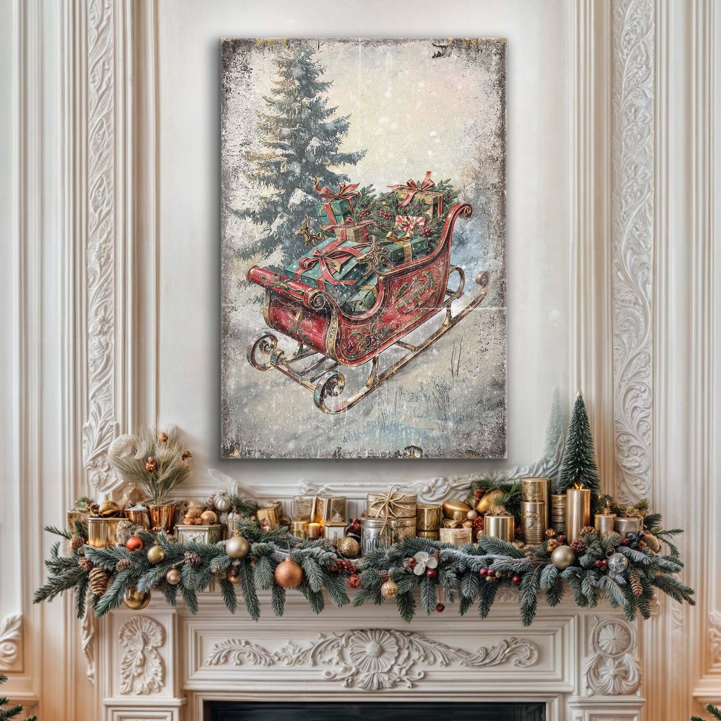 Vintage Christmas Sleigh Sled Canvas Wall Art