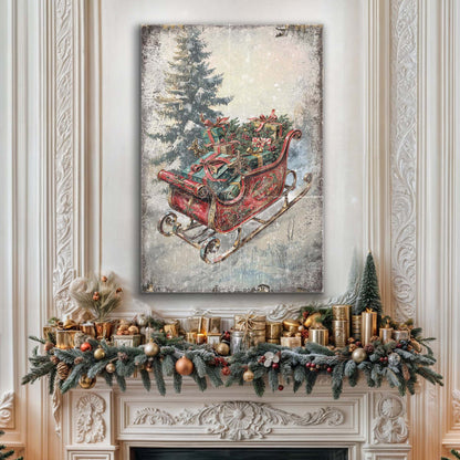 Red Sleigh Beside a Spruce Tree canvas shown in a styled room setting, view 3