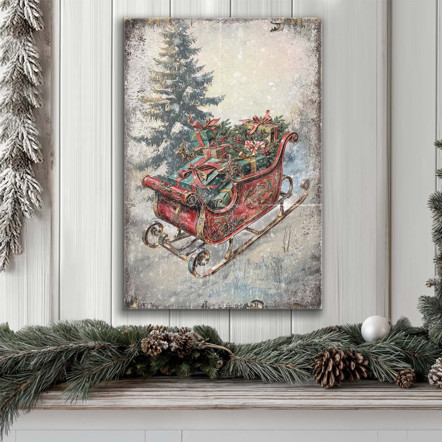 Vintage Christmas Sleigh Sled Canvas Wall Art