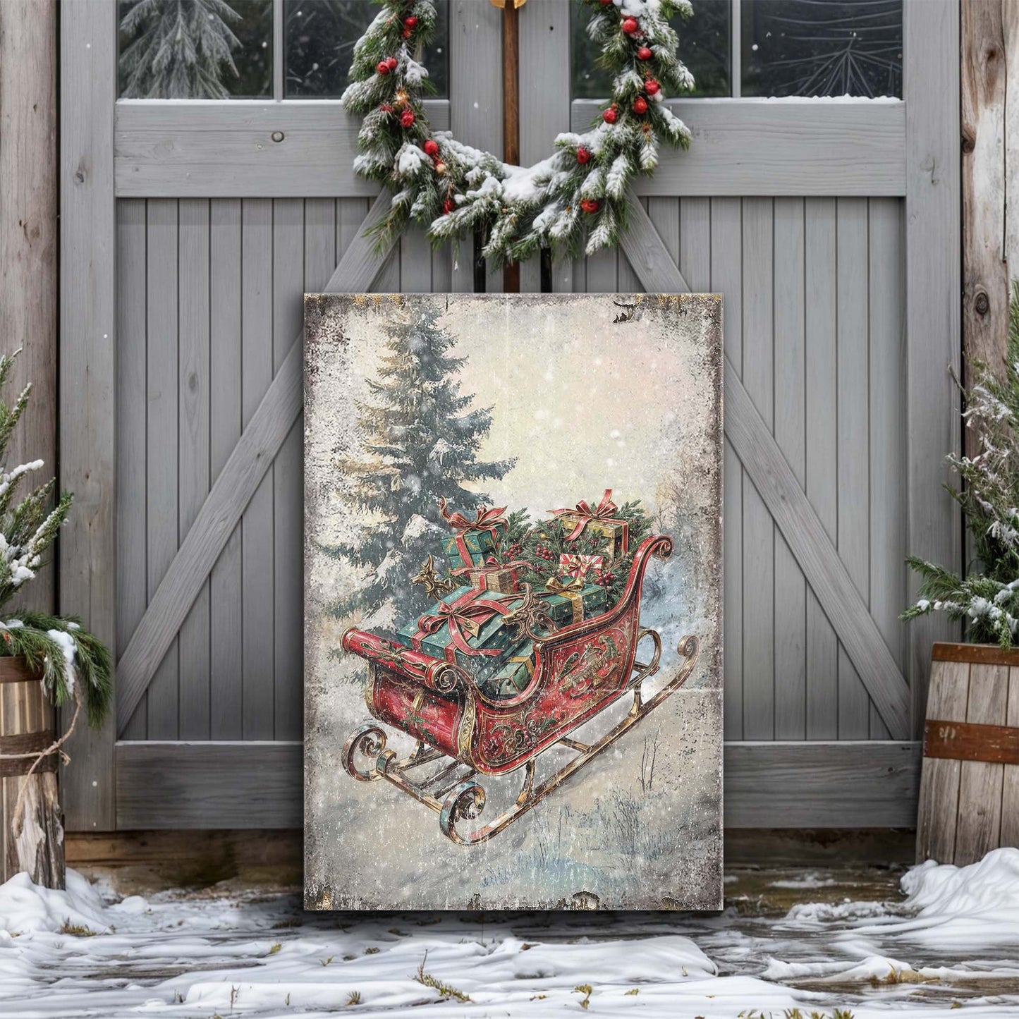 Vintage Christmas Sleigh Sled canvas wall art II, classic illustrated winter sleigh scene