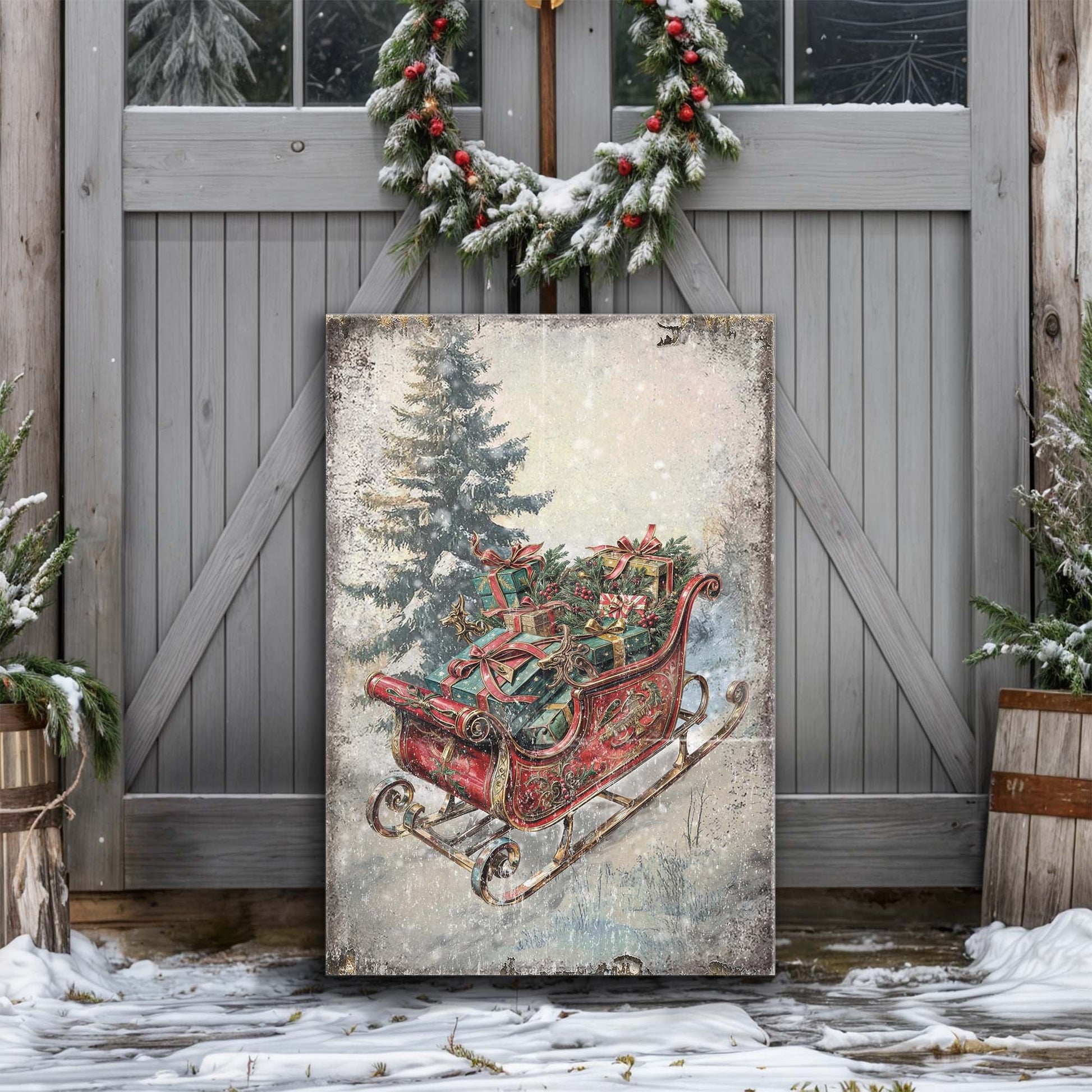 Vintage Christmas Sleigh Sled canvas wall art II, classic illustrated winter sleigh scene